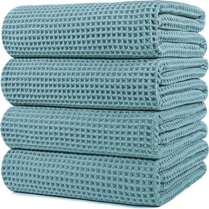 POLYTE 430 GSM Poly Blend Microfiber Quick Dry Waffle Bath Towel, 30x60 in | 4 Pack, Oversize, Lint Free, Body Towel
