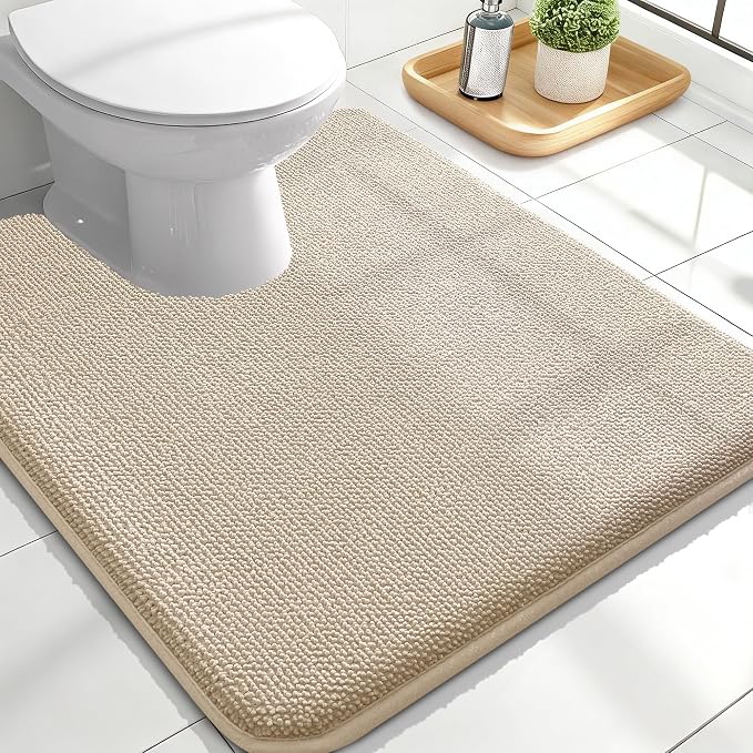 OLANLY Memory Foam Bathroom Toilet Rug U-Shaped 24x20, Absorbent Mat, Beige | Soft Quick Dry Bath Rugs, Non-Slip Carpet, Machine Washable Mat for Bathroom Floor, Tub and Shower, Home Decor Accessories