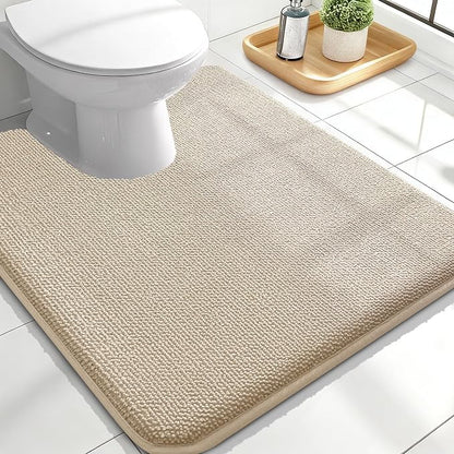 OLANLY Memory Foam Bathroom Toilet Rug U-Shaped 24x20, Absorbent Mat, Beige | Soft Quick Dry Bath Rugs, Non-Slip Carpet, Machine Washable Mat for Bathroom Floor, Tub and Shower, Home Decor Accessories