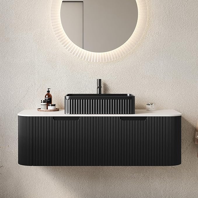Yayzy 48" Floating Bathroom Vanity with Sink, Solid Wood Fluted Cabinet, Black Fluted Square Ceramic Basin & Faux Marble Top, Soft-Close Drawer, Pre-Assembled, Gloss Black