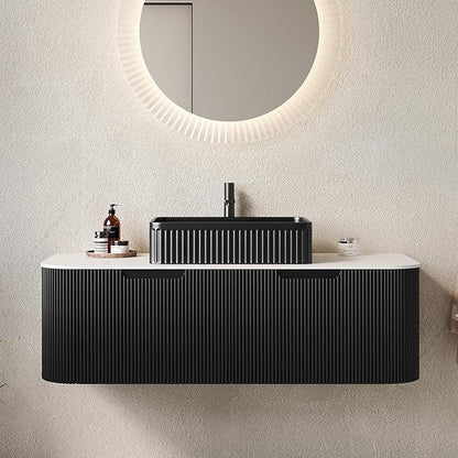 Yayzy 48" Floating Bathroom Vanity with Sink, Solid Wood Fluted Cabinet, Black Fluted Square Ceramic Basin & Faux Marble Top, Soft-Close Drawer, Pre-Assembled, Gloss Black