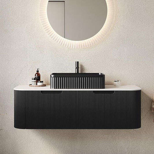 Yayzy 48" Floating Bathroom Vanity with Sink, Solid Wood Fluted Cabinet, Black Fluted Square Ceramic Basin & Faux Marble Top, Soft-Close Drawer, Pre-Assembled, Gloss Black