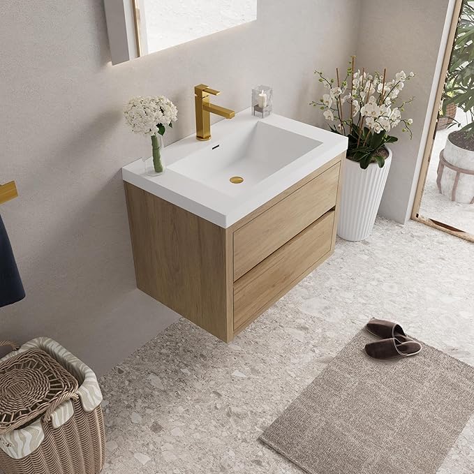 Abruzzo 30" Natural Oak Wall-Mounted Bathroom Vanity with Sink – Stone Resin Countertop & Soft-Close Drawers, Waterproof Wood Cabinet for Small Bathrooms