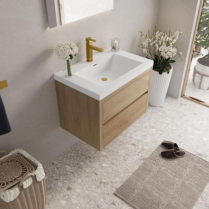 Abruzzo 30" Natural Oak Wall-Mounted Bathroom Vanity with Sink – Stone Resin Countertop & Soft-Close Drawers, Waterproof Wood Cabinet for Small Bathrooms
