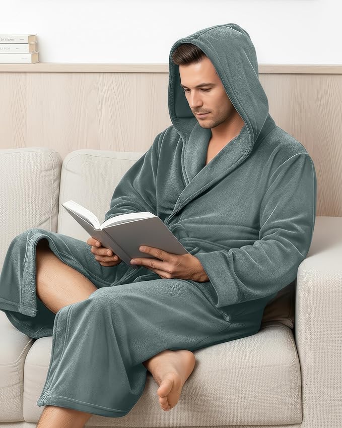 NY Threads Mens Robe with Hood, Luxury Plush Fleece Hooded Mens Bathrobe, Spa Bath Robe for Men