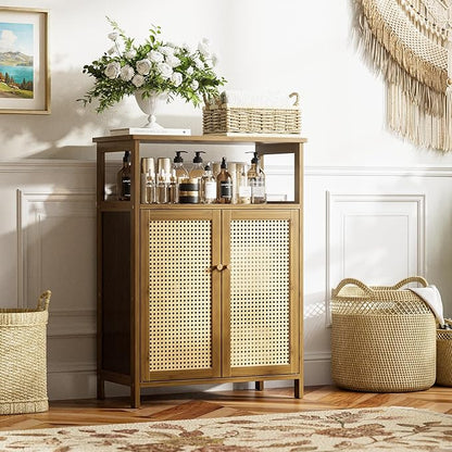 HITNET Rattan Bathroom Floor Cabinet, Freestanding Bamboo Storage Cupboard with 2 Doors, Living Room Sideboard, Space Saving, Walnut