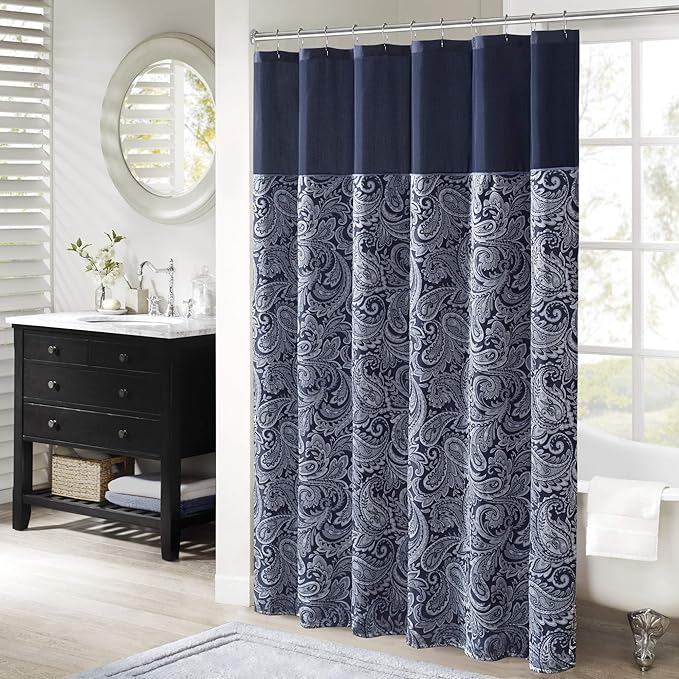 Madison Park Aubrey Shower Curtain for Bathroom, Jacquard, 72 x 72, Navy | Microfiber, Adds Privacy, Machine Washable, Striped Pattern, OEKO-TEX Certified