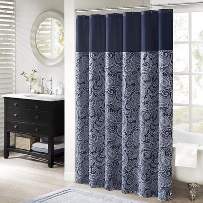 Madison Park Aubrey Shower Curtain for Bathroom, Jacquard, 72 x 72, Navy | Microfiber, Adds Privacy, Machine Washable, Striped Pattern, OEKO-TEX Certified