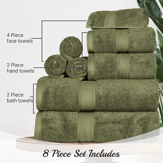 Superior Egyptian Cotton Ultra Plush & Absorbent, 8 Piece Set, Forest Green | Quick Dry, Soft Luxury Towel Set, Bath Essentials, Guest Bath, Spa, 2 Bath, 2 Hand, 4 Face Towels, Madeline Towels