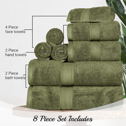 Superior Egyptian Cotton Ultra Plush & Absorbent, 8 Piece Set, Forest Green | Quick Dry, Soft Luxury Towel Set, Bath Essentials, Guest Bath, Spa, 2 Bath, 2 Hand, 4 Face Towels, Madeline Towels