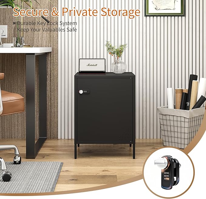 Metal Nightstand with Lockable Cabinet and Adjustable Shelf, Bedside Table with Digital Combination Lock, Secure Storage End Table for Bedroom Office Dorm (Black)