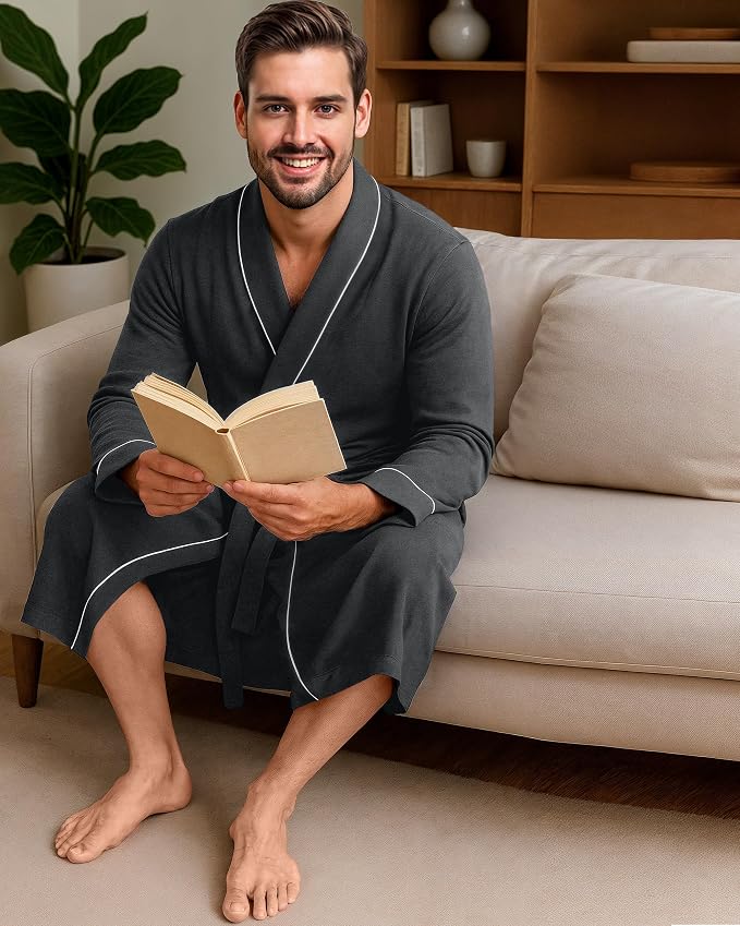 Cotton Blend Lightweight Knit Robe for Men Soft Loungewear Bathrobe