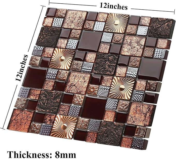 Red Wine Colors Glass Tile 2'' x 2'' Leaf Carving Imprints Antique Mosaics Textured Rose Gold Metal Kitchen Bathroom Walls Backsplash Tiles (Pack of 5 Square Feet)