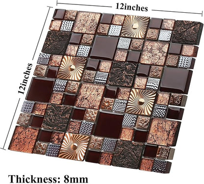 Red Wine Colors Glass Tile 2'' x 2'' Leaf Carving Imprints Antique Mosaics Textured Rose Gold Metal Kitchen Bathroom Walls Backsplash Tiles (Pack of 5 Square Feet)