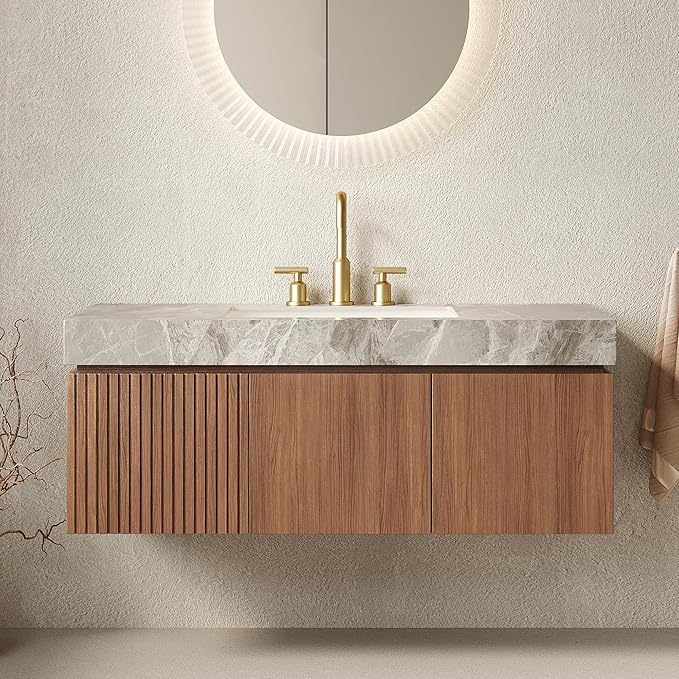 48” Floating Bathroom Vanity with Sink, Wall-Mounted Cabinet with Drawer & Doors, Gray Travertine-Pattern Sintered Stone Top, Undermount Basin, 3 Faucet Hole, Soft-Close, Pre-Assembled, Brown Oak