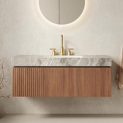 48” Floating Bathroom Vanity with Sink, Wall-Mounted Cabinet with Drawer & Doors, Gray Travertine-Pattern Sintered Stone Top, Undermount Basin, 3 Faucet Hole, Soft-Close, Pre-Assembled, Brown Oak