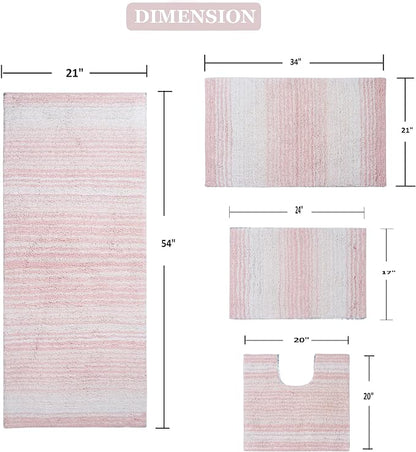 Home Weavers 100% Cotton Gradiation Collection Bathroom Décor | Washable Rug | Bathroom Mat | Kitchen Mat | Bathroom Rug Set | Bath Mat Set | Bath Floor Mat Non Slip, 4 Piece Set with Runner, Pink