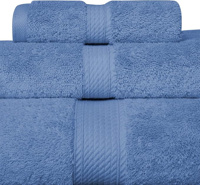 SUPERIOR Egyptian Cotton Ultra Plush & Absorbent, 3 Piece Set, Denim Blue | Quick Dry, Soft Luxury Towel Set, Bath Essentials, Guest Bath, Spa, 1 Bath, 1 Hand, 1 Face Towels, Madeline Towels