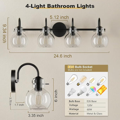 4 Lights Bathroom Vanity Light Fixtures Over Mirror Black Modern | 24in Large Wall Sconce,Matte Black,Globe Glass Shade,E26 Base,UL Certified,Anti-Rust,Damp Rated,Bathroom Bedroom Living Room