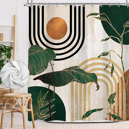 Glawry Waffle Green Shower Curtain Boho Abstract Mid Century Tropical Palm Tree Sun Arch Bathroom Modern Minimalist Aesthetic 72Wx72L Inches Bath Accessories Art Home Decor Fabric 12 Pack Hooks