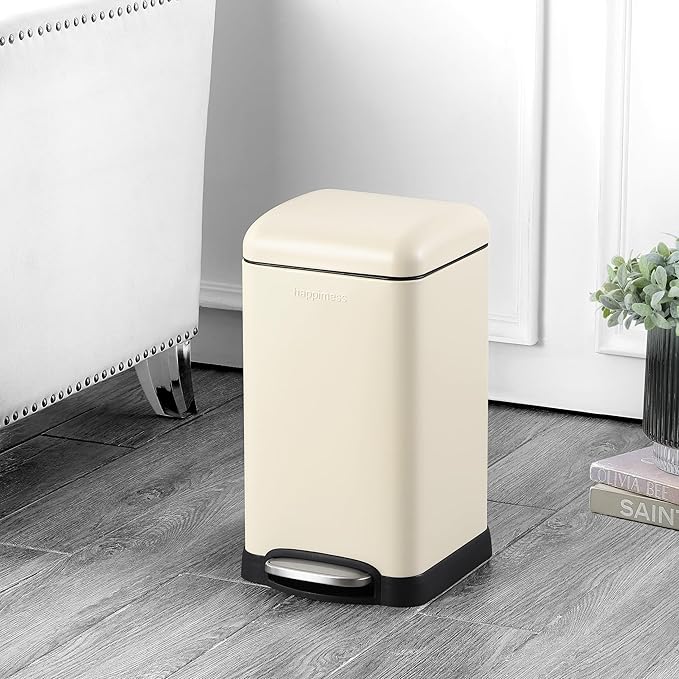 happimess Betty Retro Mini 3.2 Gal Step Trash Can, Limestone Beige | Soft-Close Lid, Removable Liner, Iron, Hands-Free Pedal, Satin Finish, Non-Skid Base, Built-In Damper, Modern, Minimalistic