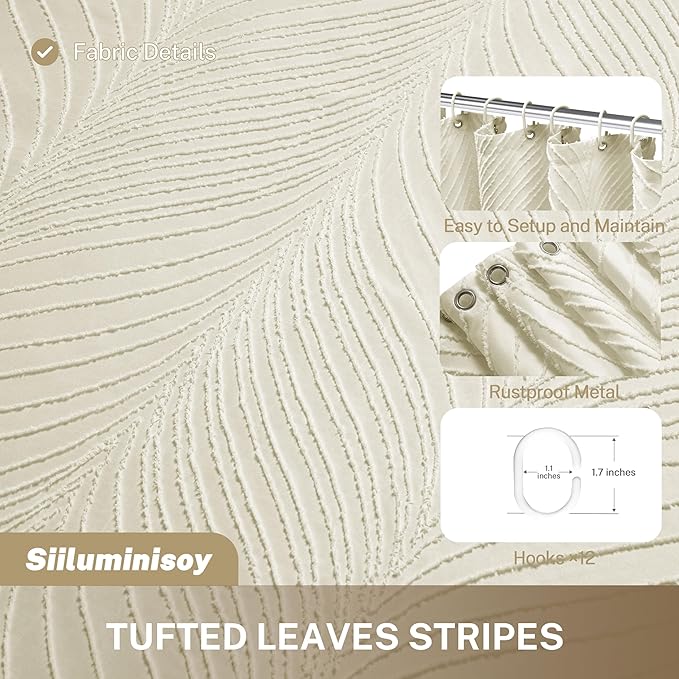 Beige Boho Woven Fabric Shower Curtain, 72 x 72 Tufted Leaves Textured Striped Modern Farmhouse Minimalist Cloth Curtain for Bathroom