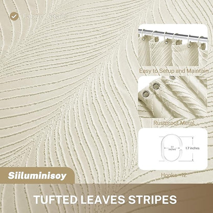 Beige Boho Woven Fabric Shower Curtain, 72 x 72 Tufted Leaves Textured Striped Modern Farmhouse Minimalist Cloth Curtain for Bathroom