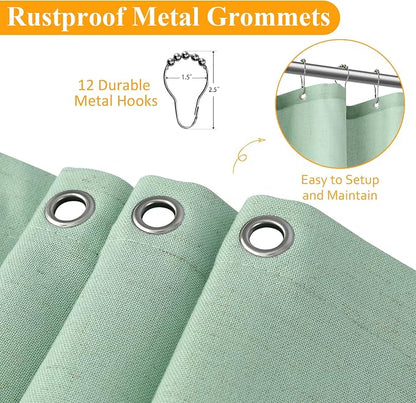 Aqua Green Linen Shower Curtain, Country Boho Farmhouse Bath Decor Shower Curtains Neutral Cloth Weighted Textured Fabric Bath Curtain Liner with Hooks, 72x72