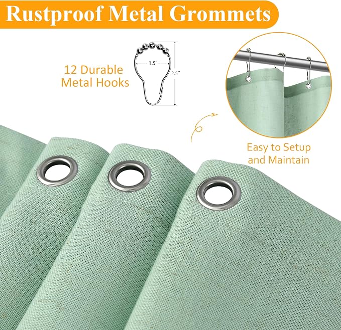 Aqua Green Linen Shower Curtain, Country Boho Farmhouse Bath Decor Shower Curtains Neutral Cloth Weighted Textured Fabric Bath Curtain Liner with Hooks, 72x78