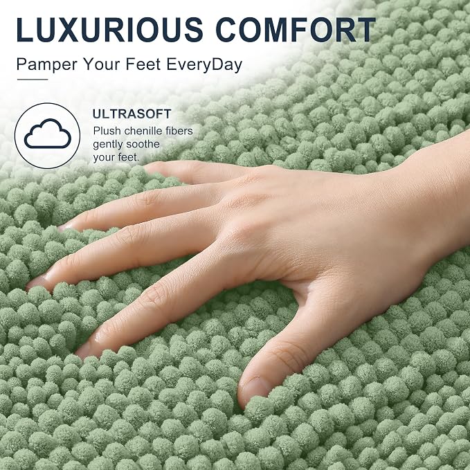 Smiry Thick Chenille Large Bathroom Runner Rugs 59x35, Bath Mat, Sage Green | Quick‑Dry & Machine Washable, Non‑Slip Bath Carpet, Soft Striped Bath Rugs for Tub & Shower, Modern Home Decor Accessories