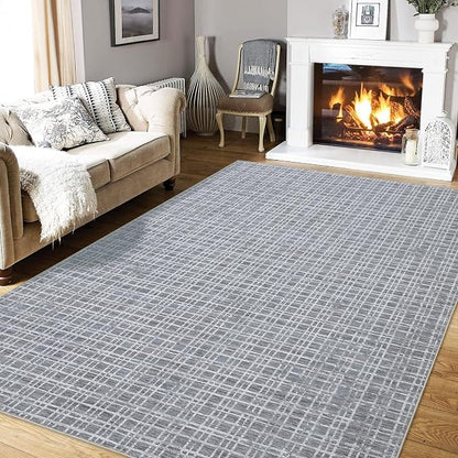 Washable Area Rug 9x12 Rug for Living Room Modern Geometric Large Area Rug for Bedroom Decor Plaid Grid Rug Non Slip Throw Rugs Low Pile Stain Resistant Carpet for Dining Room 9'x12' Grey
