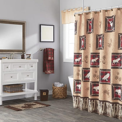 SKL Home Sundance Bath Towel, 100% Cotton, Plaid/Buffalo Check, Red | 500 GSM. Plush & absorbent jacquard. Bear & paw print border is great for Airbnb/cabin/lodge décor.
