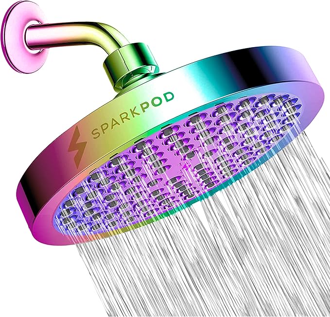 SparkPod Rain Shower Head, 6 Inch Round, Radiant Rainbow Finish | High Pressure Shower Heads, 90 Nozzles, Adjustable Showerhead, No Tools Needed, Universal Connection