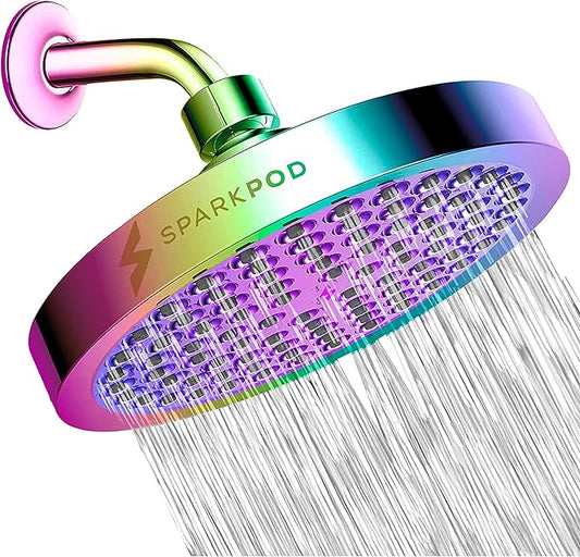 SparkPod Rain Shower Head, 6 Inch Round, Radiant Rainbow Finish | High Pressure Shower Heads, 90 Nozzles, Adjustable Showerhead, No Tools Needed, Universal Connection