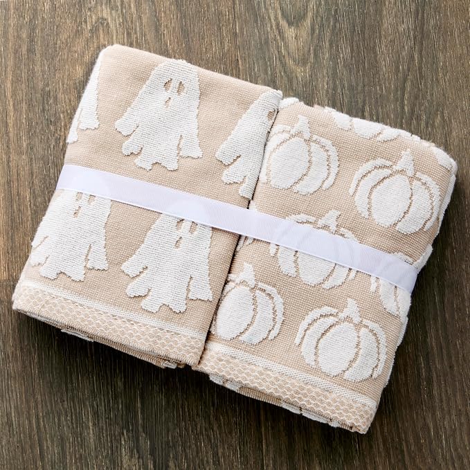 SKL Home Christmas/Winter Holiday Hand Towel Gift Set-4pc, Jacquard, Tan | 100% Cotton. Soft & reversible. For seasonal use in the bathroom, kitchen or bar for Valentine's Day/Halloween/Fall/Winter.