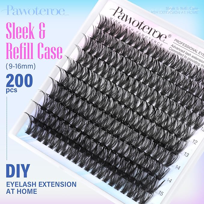 Lash Clusters 200pcs Individual Lashes 50D Cluster Eyelash Extensions 9-16mm Eyelash Clusters Lash Extensions for Self Application (50D, 0.07D, 9-16mm Refill)