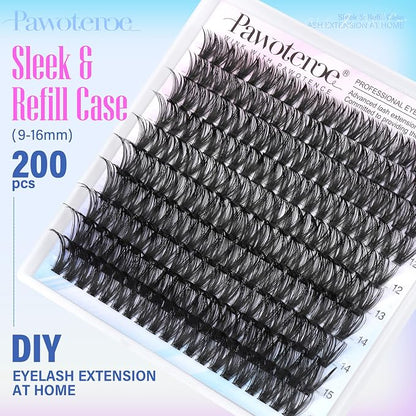 Lash Clusters 200pcs Individual Lashes 50D Cluster Eyelash Extensions 9-16mm Eyelash Clusters Lash Extensions for Self Application (50D, 0.07D, 9-16mm Refill)