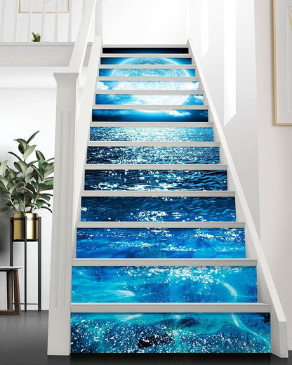 FLFK Stair Decals - Stair Stickers Decals Peel and Stick,Bright Moon on The Sea Stair Risers Decals Self-Adhesive for Home Decor, 39.3" W x 7" H x 13Pcs