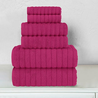 Elegant Comfort 100% Turkish Cotton Corduroy Ribbed Luxury Bath Towels 6-Piece Set, Premium Feel - Quick Dry, Highly Absorbent, Contains 2 Bath Towels, 2 Hand Towels, and 2 Washcloths, Hot Pink
