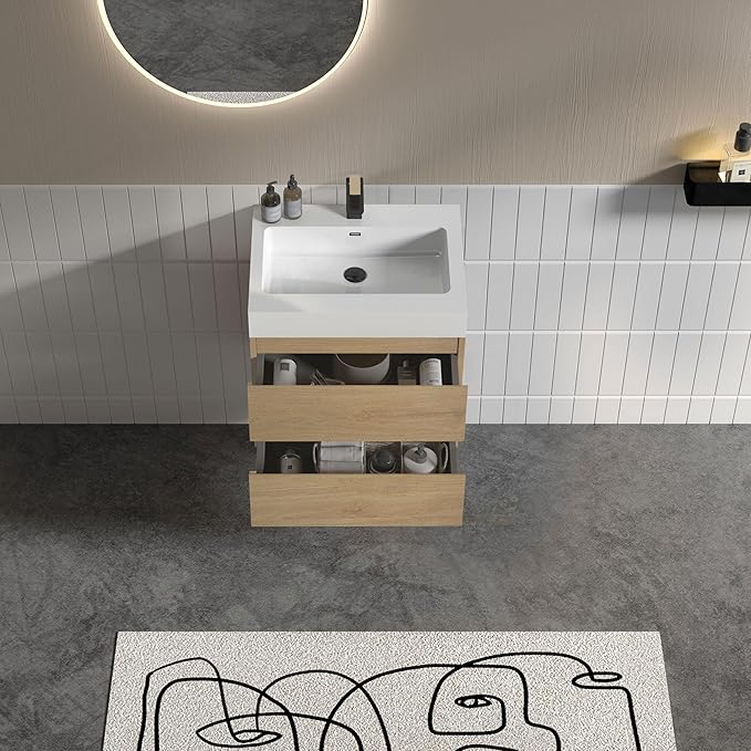 24" Floating Bathroom Vanity with Sink, Modern Bathroom Cabinet with Top and Soft Close Drawers, Spacious Storage for Small Space, Natural Oak - Lavanda Collection