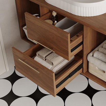 KEIKI 39.4" Bathroom Vanity with Undermount Sink Combo, Modern Floating Vanity Cabinet with 2 Drawers & Open Side Shelves, Storage Wall Mounted Cabinet for Small Space, Walnut Ceramic