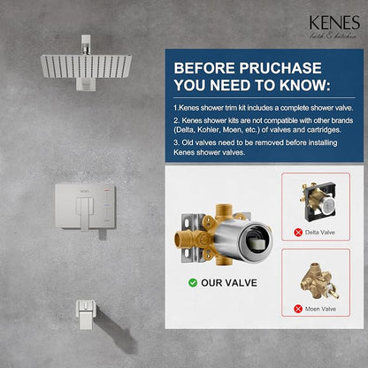 KENES Brushed Nickel Shower Set with Tub Faucet, Tub and Shower Trim Kit | Shower Faucet with 10-Inch Rain Shower Head, Square Shower System, Valve Included, Lead-Free cUPC & NSF Certified, Stainless
