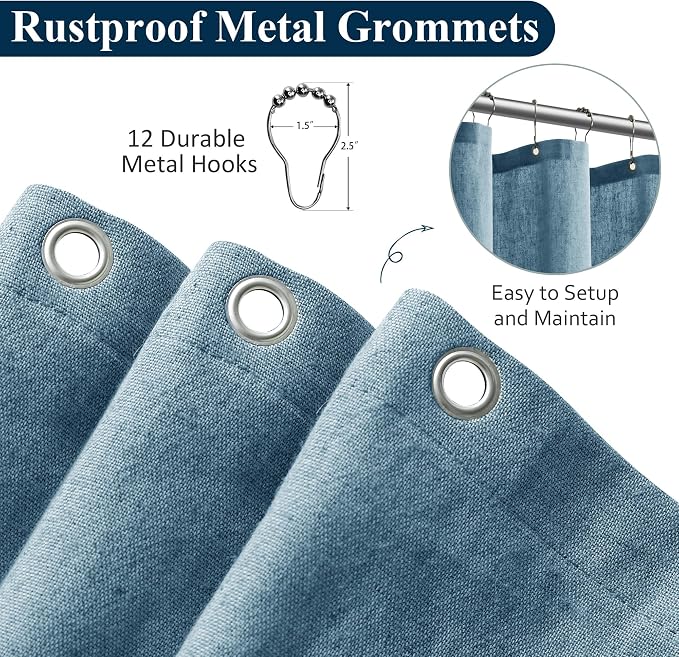 Blue Linen Shower Curtain, Cloth Textured Fabric Shower Curtain Set with Hooks, Simple Elegant Modern Farmhouse Country Ultra Thick Bath Curtains for Bathroom,Water Repellent,60x72