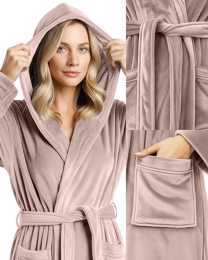 NY Threads Women's Fleece Hooded Bathrobe Plush Long Spa Robe, Medium