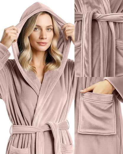 NY Threads Women's Fleece Hooded Bathrobe Plush Long Spa Robe, Medium