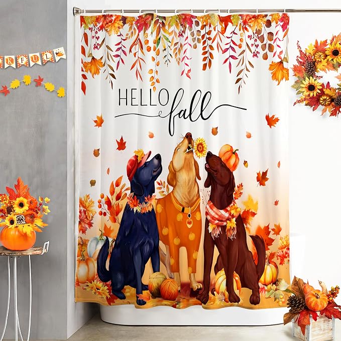 Fall Shower Curtain Set Autumn Pumpkin Leaves Dog Shower Curtains Rustic Waterproof Fabric Bath Curtains with 12 Hooks for Fall Home Bathroom Decor, 72 x 72 Inches