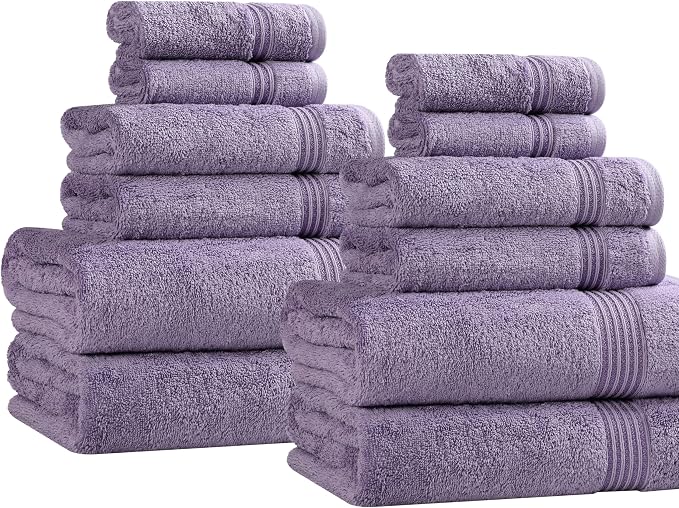 Superior Egyptian Cotton 12-Piece Towel Set, Assorted Towels for Home Bathroom, Decor Essentials, Includes 4 Bath, 4 Hand, 4 Face Towels/Washcloths, Quick Dry, Absorbent, Royal Purple