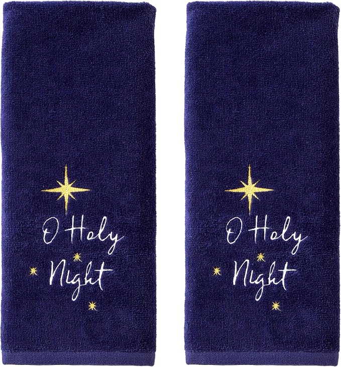SKL Home Religious/Christmas/Winter O Holy Night Hand Towel 2pc Set for Bath/Kitchen & Gift, Navy