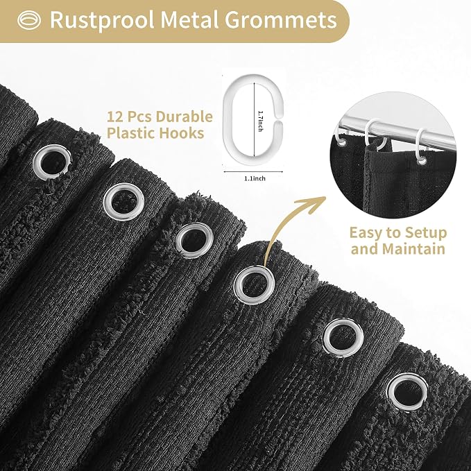 Extra Long Black Shower Curtain Boho, 72 x 78 Cotton Blend Waffle Weave Stripe Textured Heavy Duty, Fabric Shower Curtain for Bathroom