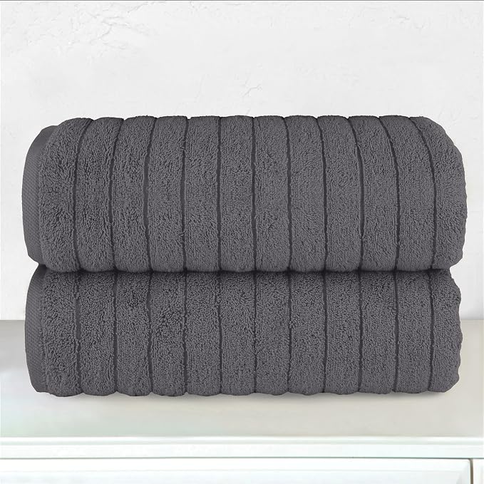 Elegant Comfort 100% Turkish Cotton Corduroy Ribbed Luxury Soft 2 Pack Bath Towels 27 x 54 Inch - Ultra Plush, Absorbent, Quick Dry, Hotel Spa Quality Towels for Bathroom Essentials, Gray
